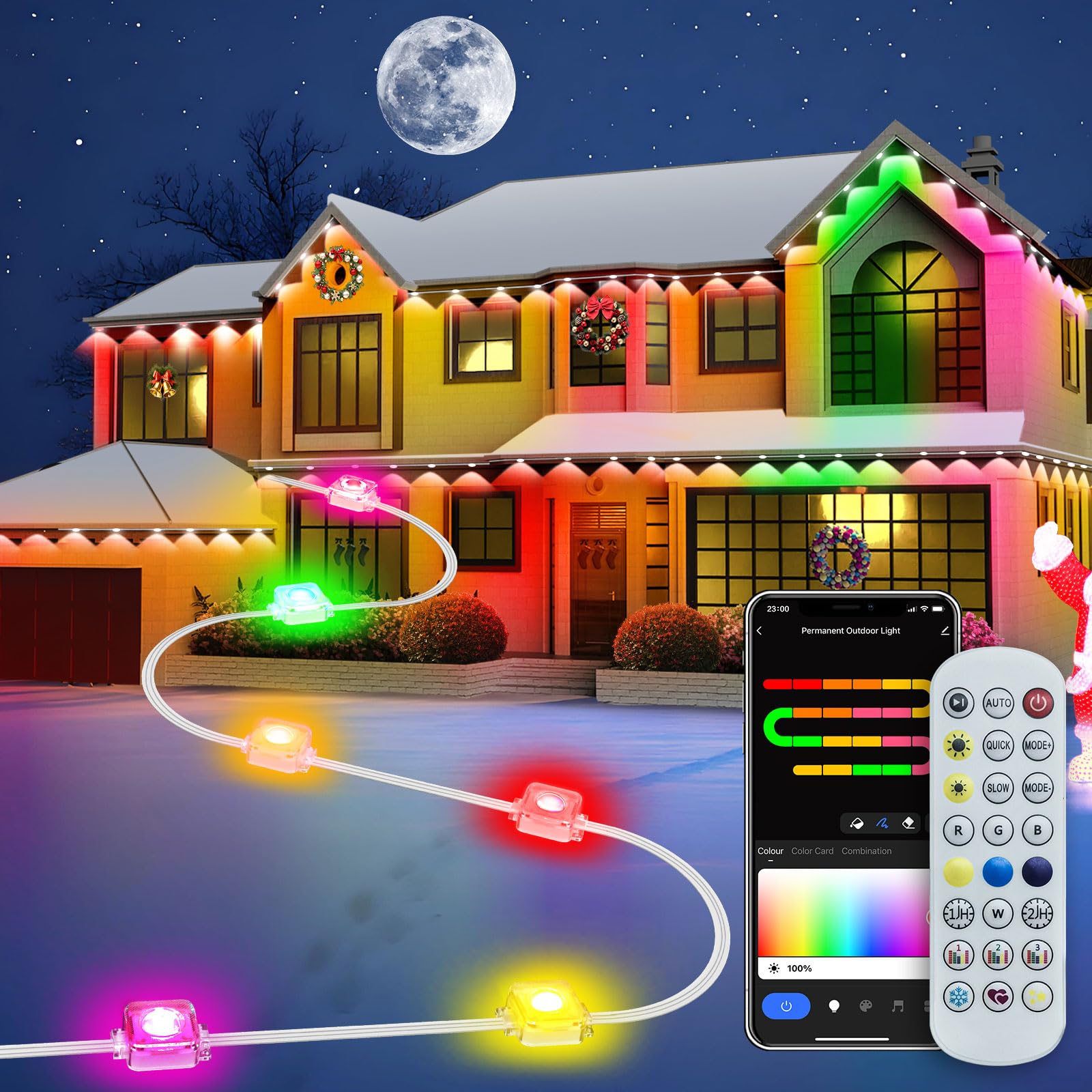 Smart Permanent Outdoor Lights for House, 100ft with 60 Smart RGB+IC ...