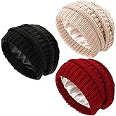 Ultrafun 3 Pack Satin Lined Beanie for Women, Slouchy Winter Hats with Silk Lined, Oversized Knit Warm Hat Skull Cap