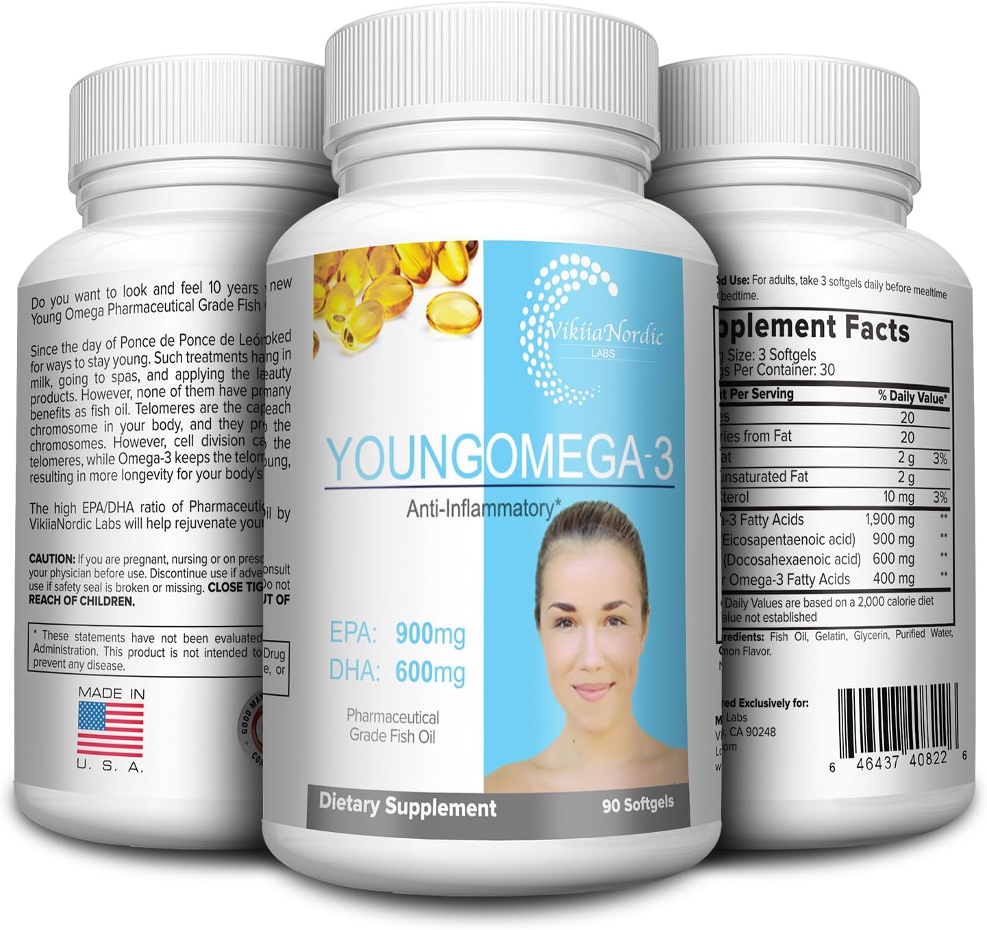 3 Bottles-Fish Oil Young Omega 3 Anti-aging, 1,900 Mg Omega-3 Fatty Acids, EPA 900mg, DHA 600mg. Pharmaceutical Grade, Triple Strength 270 Softgels Save 30% from Single Bottle Price .