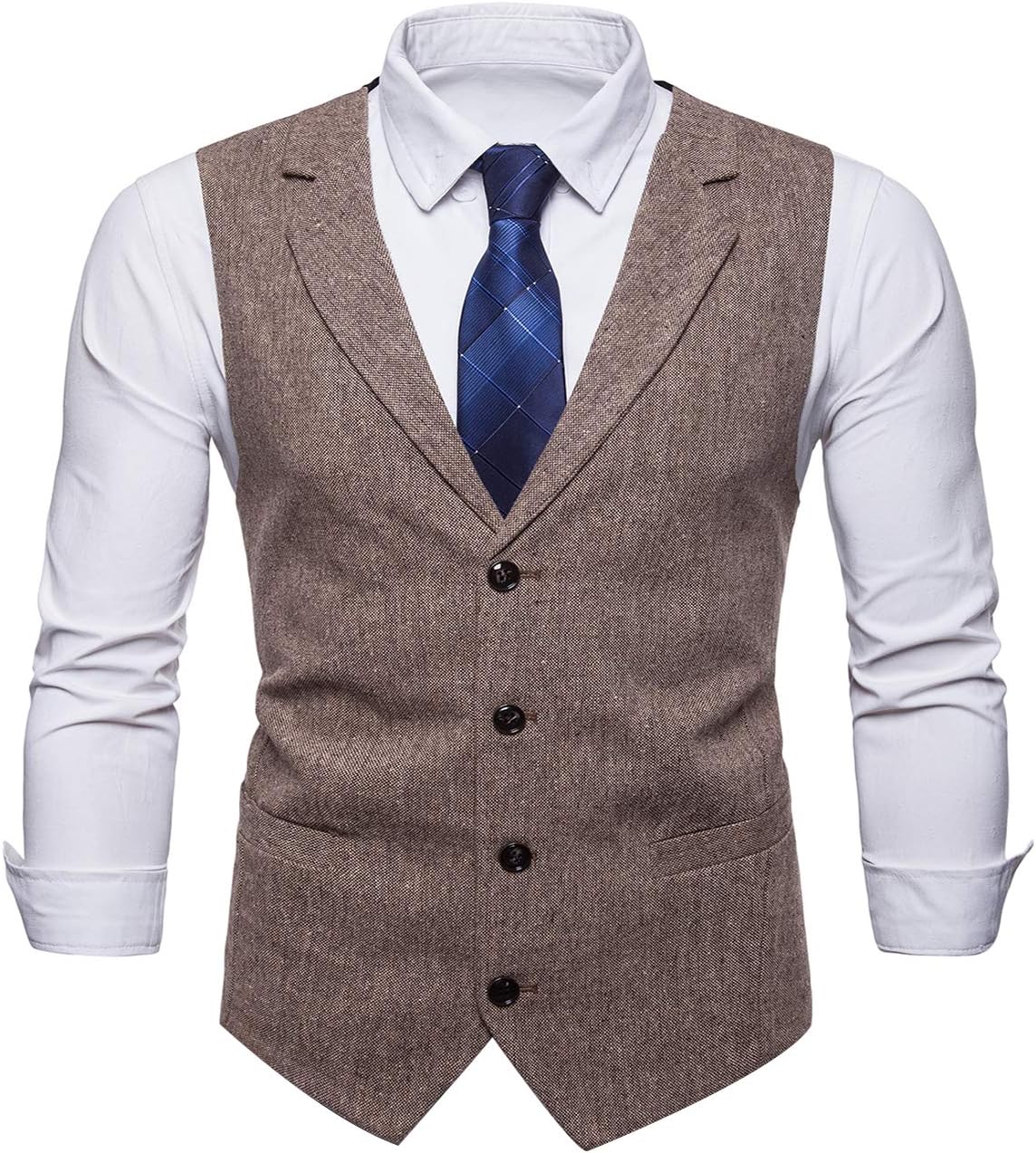 Mens Casual Dress Vests 4 Button Tailored Collar Tweed Suit Waistcoat