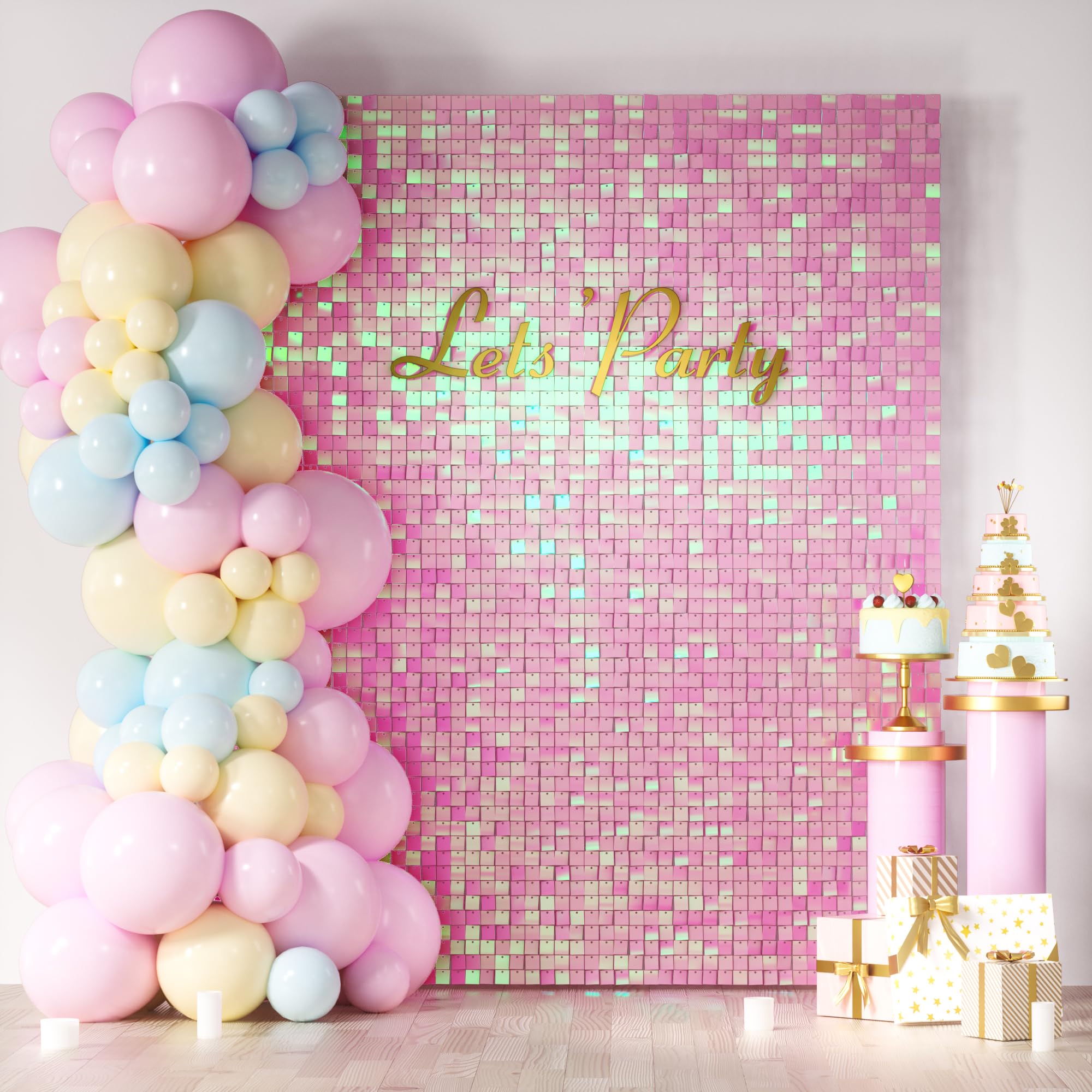Photo 1 of COKAOBE Iridescent Pink Shimmer Wall Backdrop, 24PCS Square Sequin Shimmer Backdrop Panel, Photo Backdrops for Birthday, Anniversary, Wedding, Graduation & Bachelorette Party Decoration