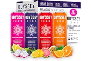 Odyssey Elixir Cognition + Sustainable Energy - Lion's Mane, Cordyceps, L Theanine, Ginseng & 85mg Green Tea Caffeine - 0 Added Sugar - No Jitters or Crash -Variety Pack - 12 Fl oz, 12 Pack