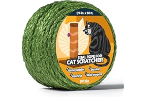Pelzin Natural Sisal Rope for Cat Scratcher 1/4 Inch by 50 Feet, Cat Tree Rope Twine for Cat Scratching Post Replacement, Cat Tower with Scratch Post Repairing, Replace, Recovering and DIY, Green