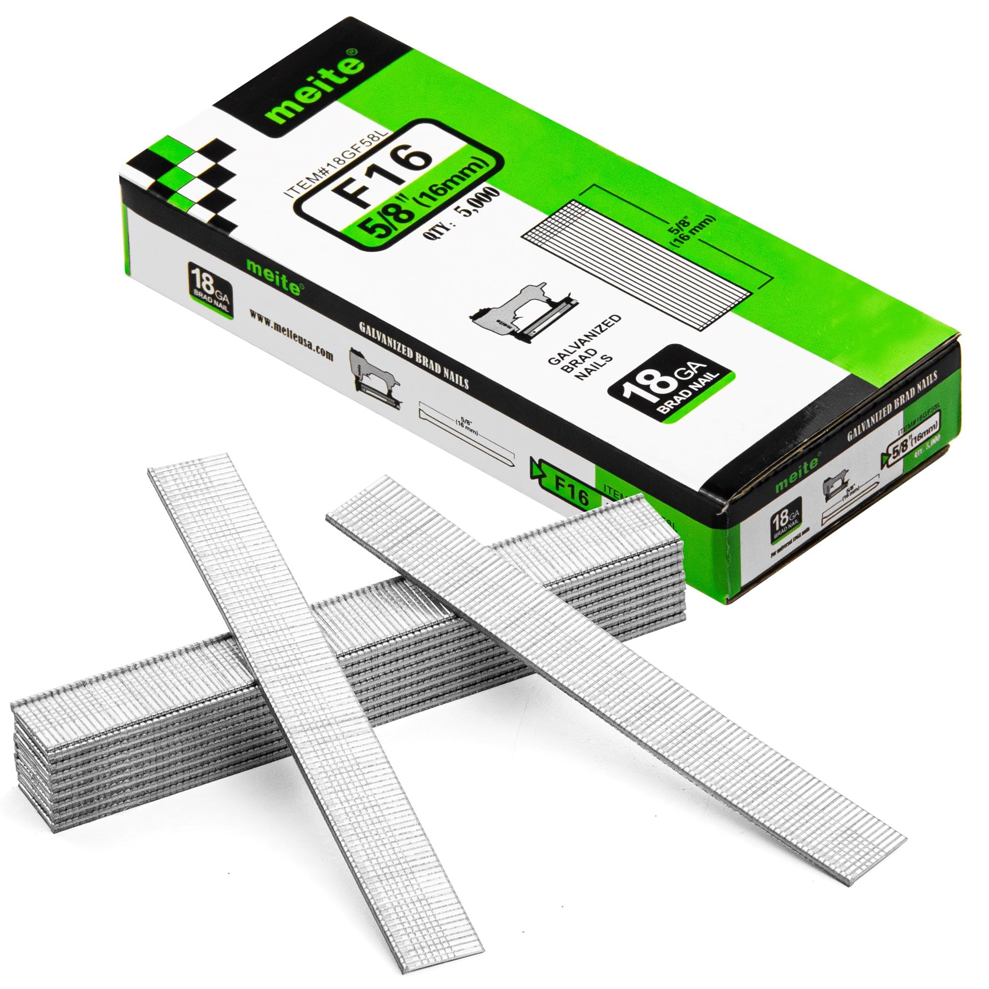 meite 18 Gauge Brad Nails, 16 mm 18G Brad Nails for Nail Gun, Galvanised Small Finishing Nails for Joinery, Trim Work (5,000 Counts)