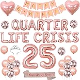 Fangleland Rose Gold Quarter Life Crisis Birthday Decorations for Women, Happy 25th Birthday Banner Crown Sash Heart Letter and Number 25 Foil Balloons for Twenty Five Years Old Party Supplies