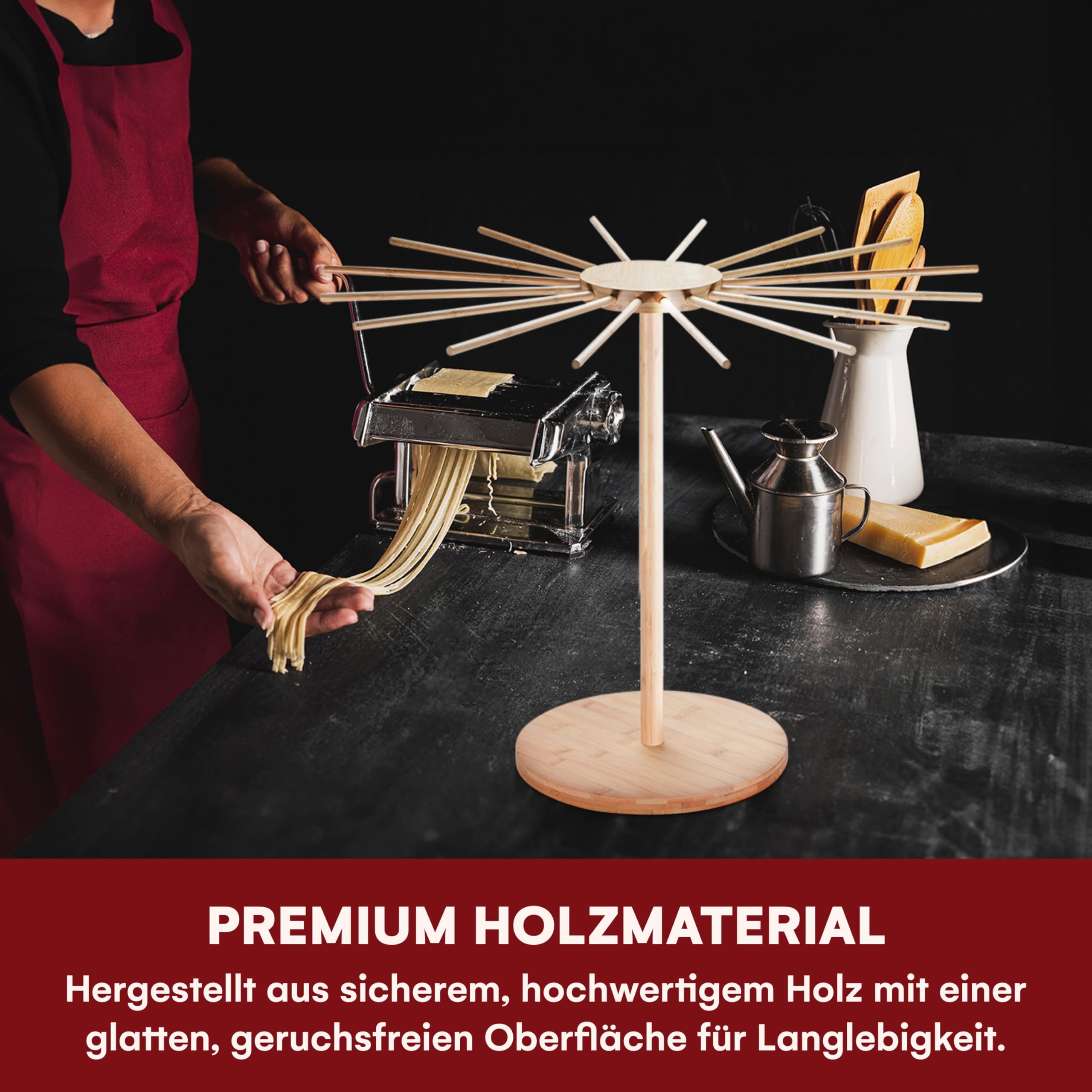 KITCHTIC Pasta Trockner – Große Größe, 16 Stangen – Faltbarer Nudelständer aus Holz – Verstellbare Arme – Ideal für Spaghetti, Tagliatelle, Fettuccine – Naturfarbe 4