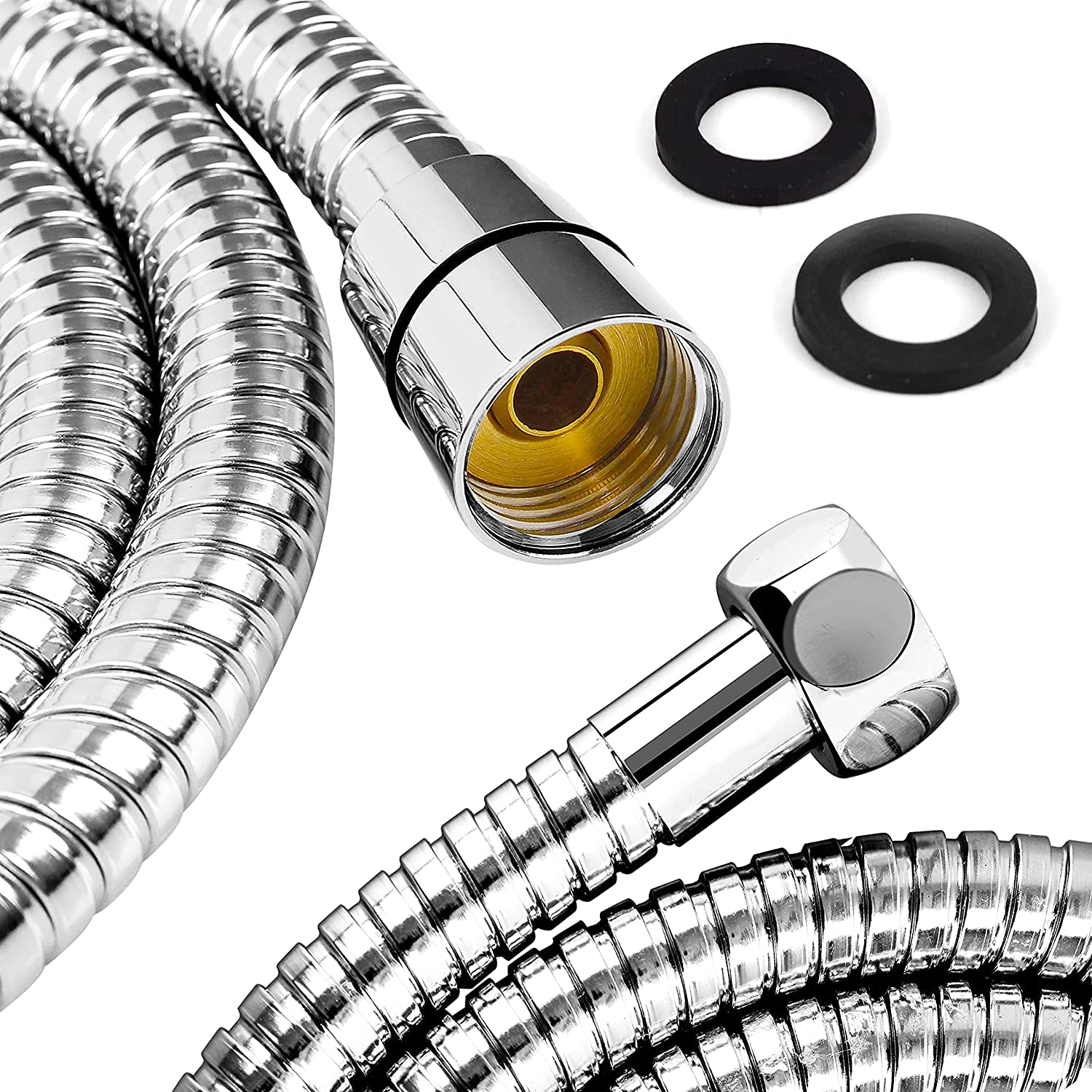 Ronvie Shower Hose 1.5m, Stainless Steel Shower Pipe Extra Long Anti-Kink Shower Tube for Universal DIY Replacement Includes 2 Washers, Chrome