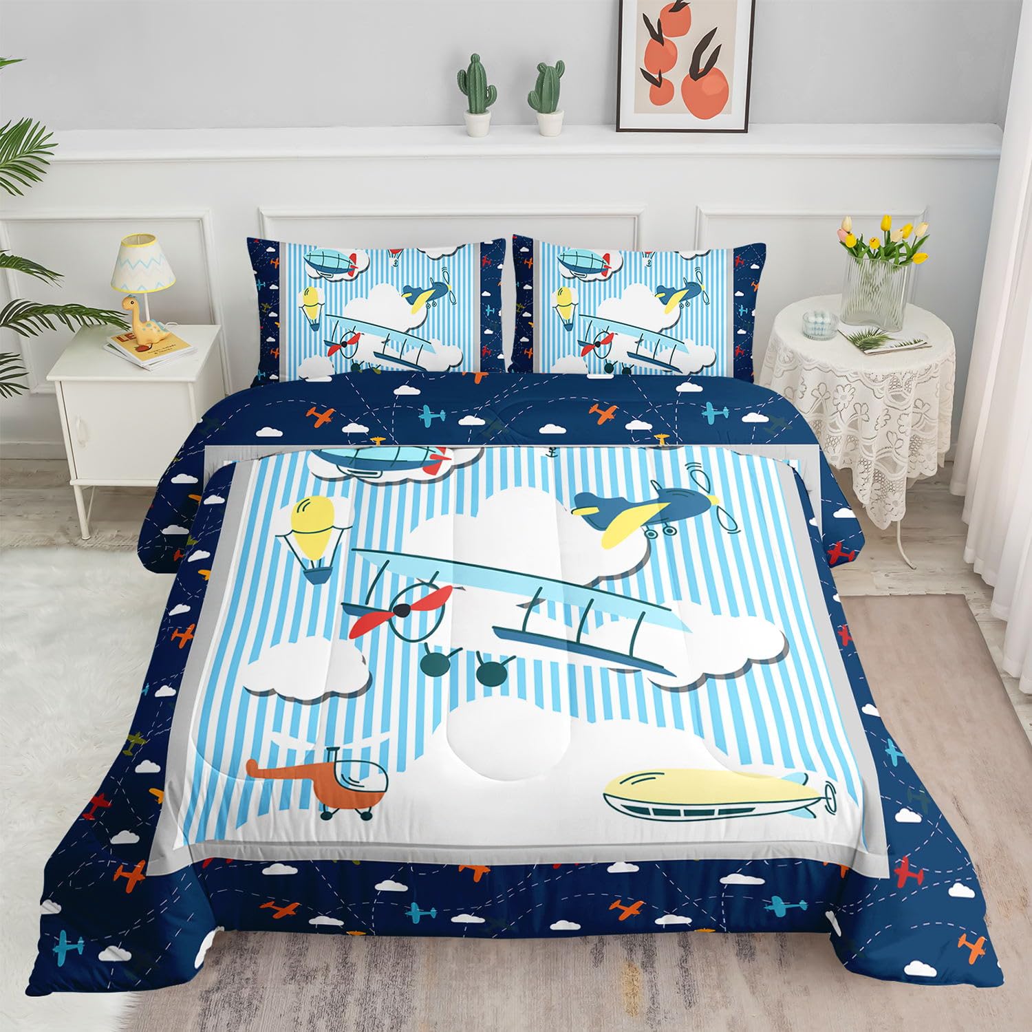 Photo 1 of Smell Sunshine Kids Comforter Set Cartoon Airplane Printed Pattern Bedding Set with 1 Comforter and 2 Pillowcases for Girls Boys Bedroom All Season(Cartoon Airplane Full)