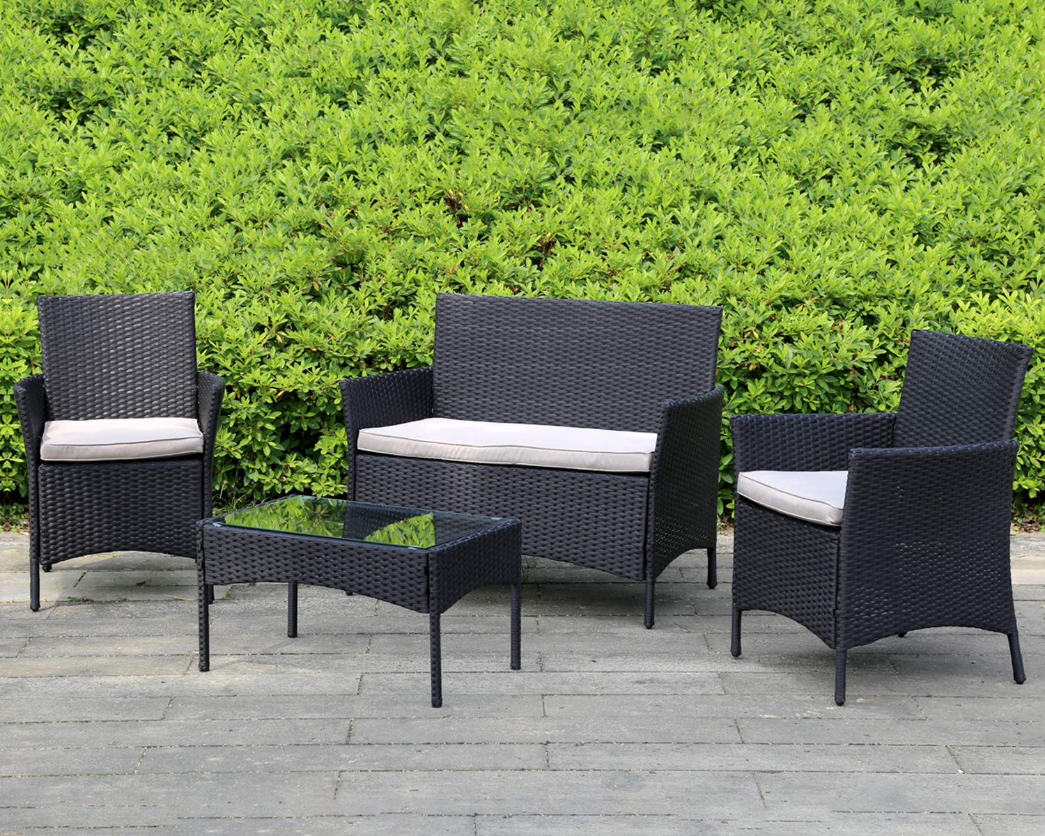 HGS Outdoor Rattan Chair 4 Pieces Garden Conversation Set Patio Furniture Sets Wicker Sofa&Table Rattan Chair for Yard Balcony Poolside Backyard, Black