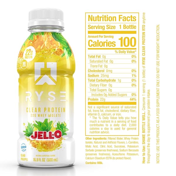 RYSE CLEAR PROTEIN DRINK – JELL-O ISLAND PINEAPPLE – 100 CALORIES, 22G WHEY ISOLATE PROTEIN SHAKE, SUGAR-FREE, 0G FAT & LACTOSE-FREE – REFRESHING READY-TO-DRINK BEVERAGE – 16.9 FL OZ BOTTLES (12-PACK)