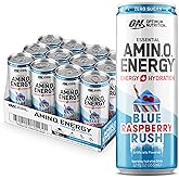 Optimum Nutrition Amino Energy Sparkling Hydration Drink, Electrolytes, Caffeine, Amino Acids, BCAAs, Sugar Free, NEW Blue Raspberry Rush, 12 Fl Oz, 12 Pack (Packaging May Vary)