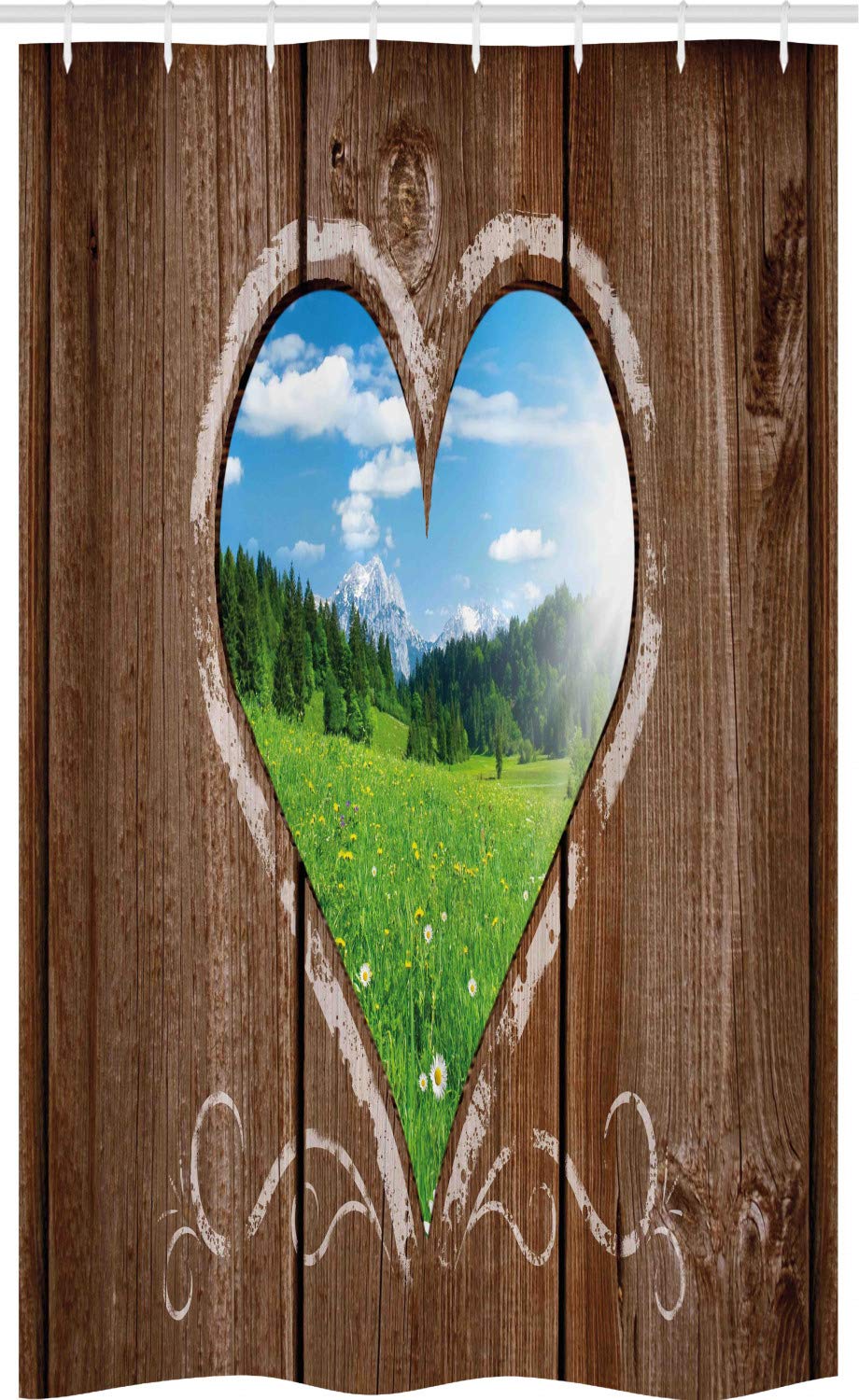 ABAKUHAUS Outhouse Stall Shower Curtain, Heart Window View from Wooden Rustic Farm Barn Shed Chalk Art Image, Fabric Bathroom Decor Set with Hooks, 47" x 70", Brown Blue and Green