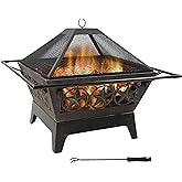 Sunnydaze Northern Galaxy 32-Inch Outdoor Fire Pit with Grill Grate, Spark Screen, and Poker - Heavy-Duty Wood-Burning Fire P