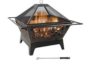 Sunnydaze Northern Galaxy 32-Inch Outdoor Fire Pit with Grill Grate, Spark Screen, and Poker - Heavy-Duty Wood-Burning Fire P