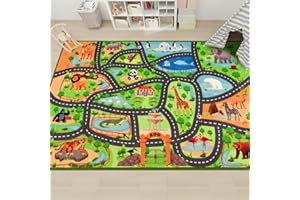 AKASISRUG Kids Rug Playmat, 59"X39.4" Animal Zoo Road Map for Toy Cars, Non-Slip Carpet for Playroom Bedroom Boys, Play Mat Track for Kids