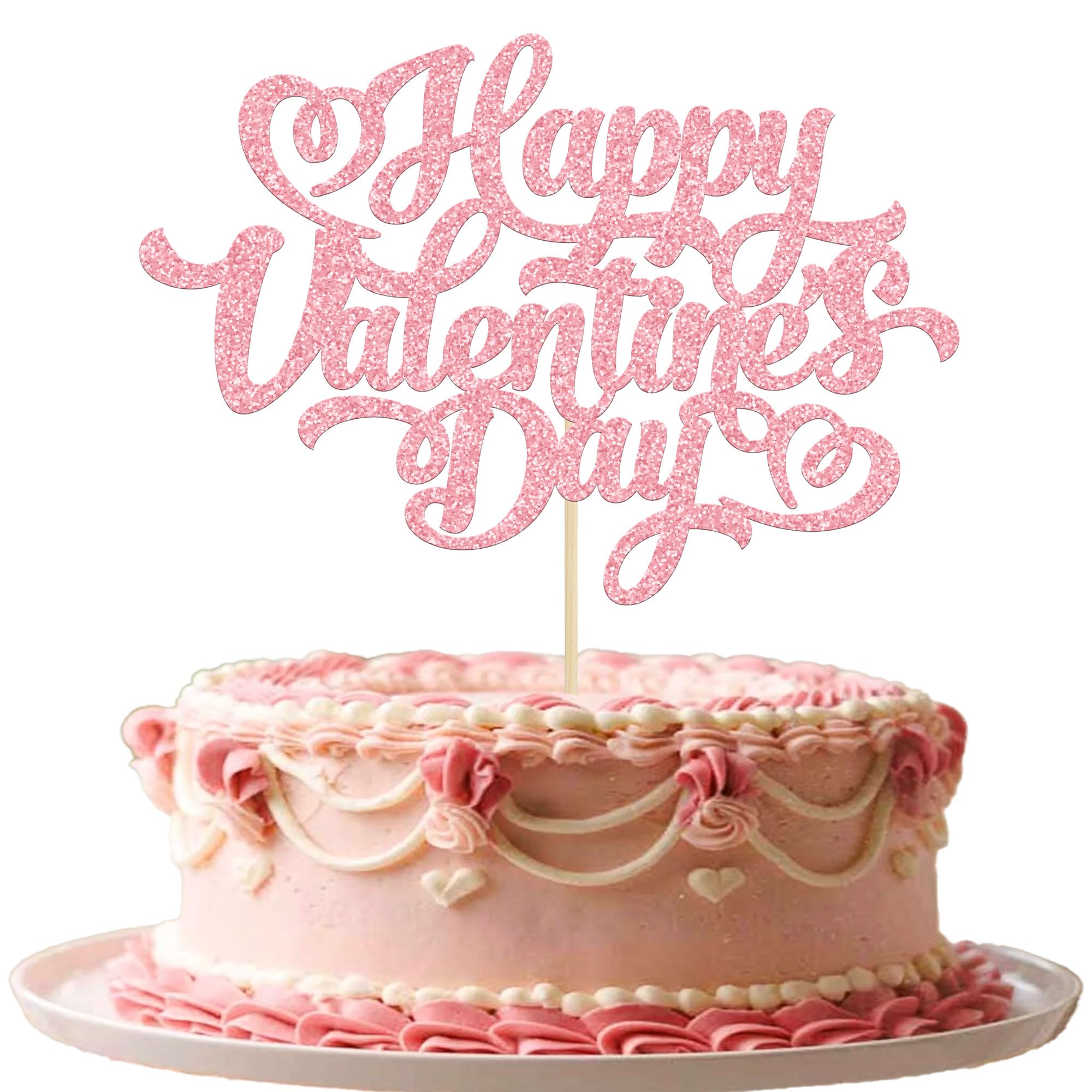 Gyufise 1 Pack Pink Glitter Happy Valentine's Day Cake Topper Valentine's Day Party Decorations Heart Love Cake Topper for Valentine's Day Party Decorations Wedding Anniverary Party Decorations