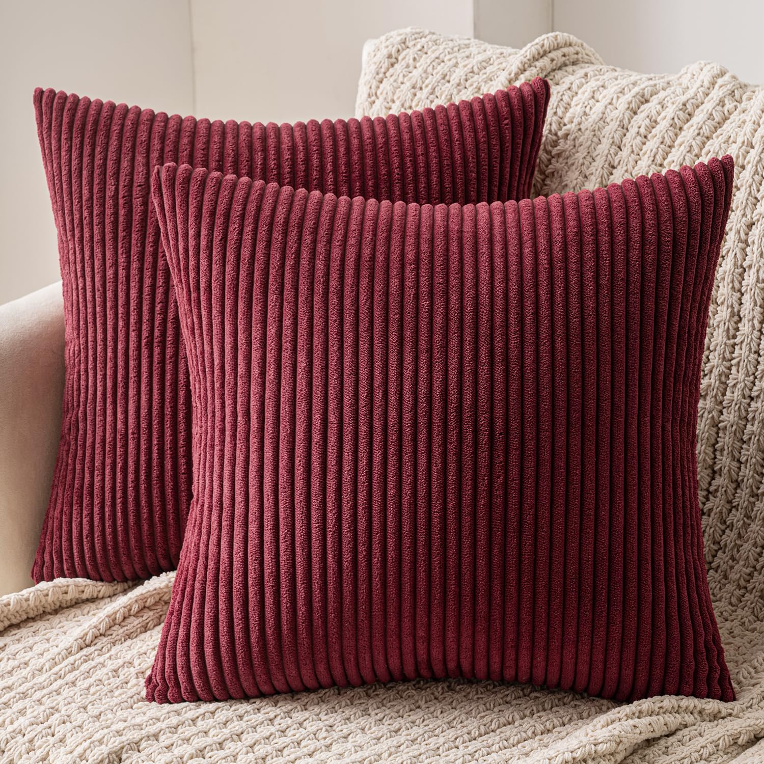 MIULEE Set of 2 Striped Corduroy Square Throw Pillow Case Soft Cushion Cover Sham Home for Sofa Chair Couch/Bedroom Decorative Fluffy Large Pillowcases 16x16 Inch 40x40cm Burgundy — image 1