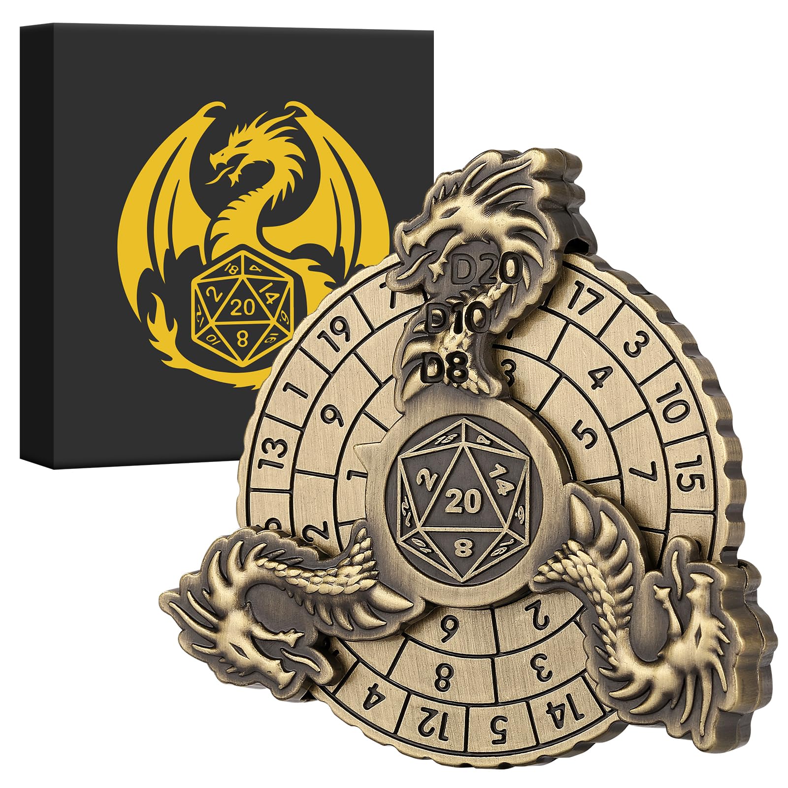 7-in-1 Dragon Fingertip Gyro, DND Wheel Dice Spiner, DND Starter Set, 7-in-1 Metal Dice Set, D&D Gifts with Dragon Logo Gift Box, Tabletop Games, Role Playing Board Game Accessories, Bronze — image 1