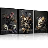 Framed Dark Academia Wall Art 3 Piece Skull Rose Picture Decor 12x16 Inch | Victorian Gothic Canvas Prints, Moody Aesthetic Paintings, Horror Posters, Witchy Artwork for Bedroom Dormitory