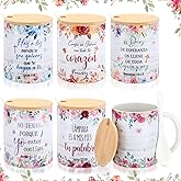 Remerry 6 Pcs Christian Gifts for Women 12 oz Religious Coffee Mugs Cups Vintage Floral Ceramic Bible Verse Mug with Lid Spoon Easter Church Welcome Gift for Sunday School Teacher Mom(Spanish)