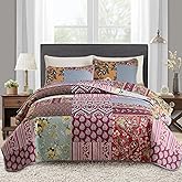 3 Pieces Patchwork Quilt Set Full/Queen Size, Red Floral Farmhouse Bedspread Coverlet Set, Soft Microfiber Reversible Lightweight Bed Cover for All Season (90" x 90", 1 Quilt+ 2 Pillow Shams)