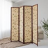 Furnnylane 4 Panel Bamboo Room Divider, Double-Sided Privacy Screen | Double-Sided Floral Pattern, 5.6 ft Bamboo Print Folding Screen, Divider for Room Separation, Decorative Panel Divider
