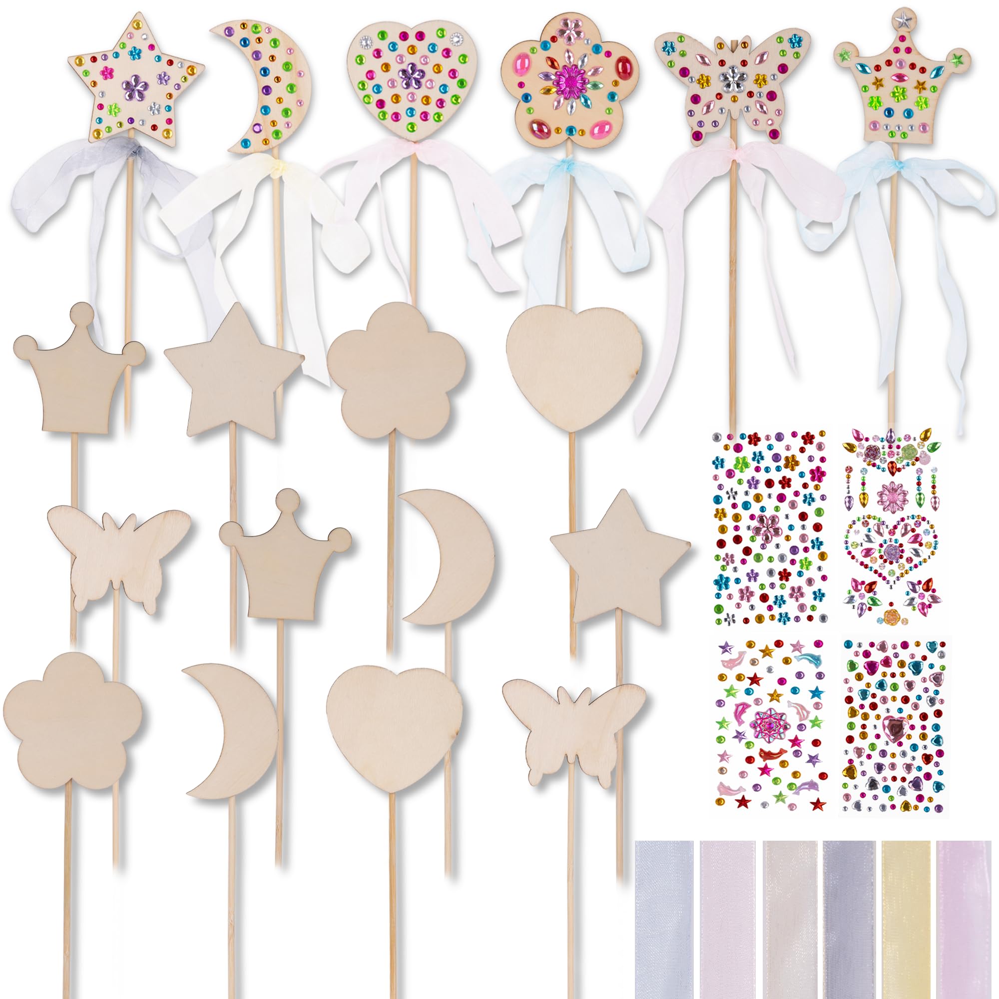 Photo 1 of ArtCreativity Fairy Wand Kit, Includes 18 Wooden Wands, 18 Ribbons, and 5 Gem Sticker Sheets - Wand Decorating Kit - Birthday Party Crafts for Kids - Princess Party Activity