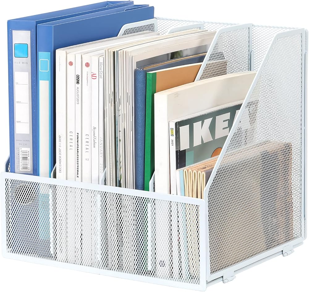 EasyPAG Desk Organizer White 4 Compartments A4 Magazine File Holder Mesh