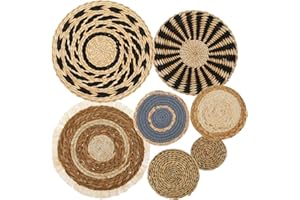 7 Pcs Boho Wall Basket Decor Round Bohemian Woven Handmade Seagrass Rattan Wicker Decor Hanging Flat Elegant Wall Art for Far