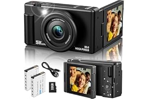 JEXYLON True 5K Digital Camera for Photography, Autofocus 80MP with 18X Digital Zoom 3" 270°Flip Screen Dual-Lens Selfie Camera for YouTube Vlogging & Content Creation, 2 Batteries, 32GB Card & Flash，Black