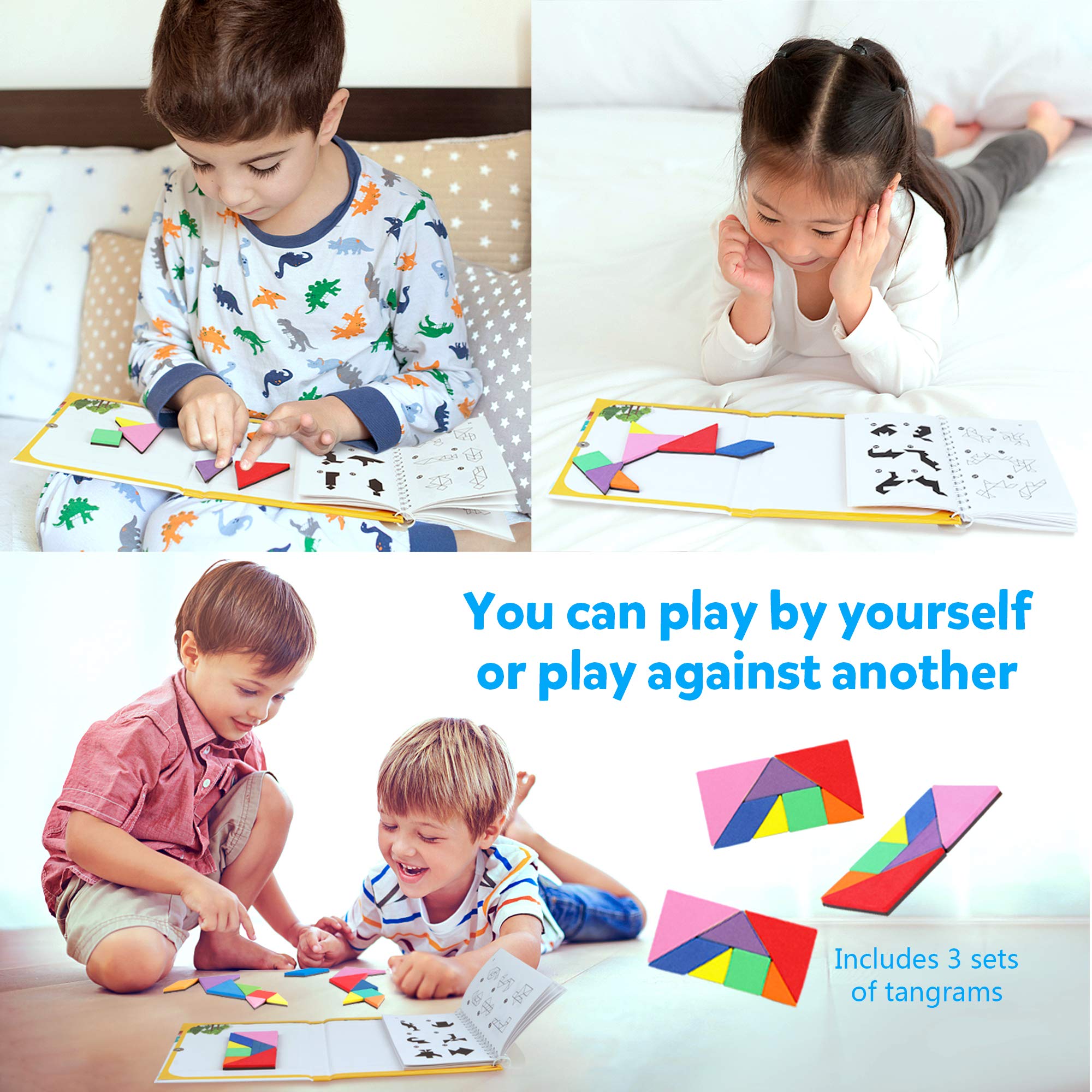 Vanmor Travel Tangram Puzzle - 3 Sets of Magnetic Tangram with 240 Solution - Montessori Shape Pattern Blocks Jigsaw Road Trip Games IQ Book Educational Toy Brain Teaser Gift for Kids Adults Challenge