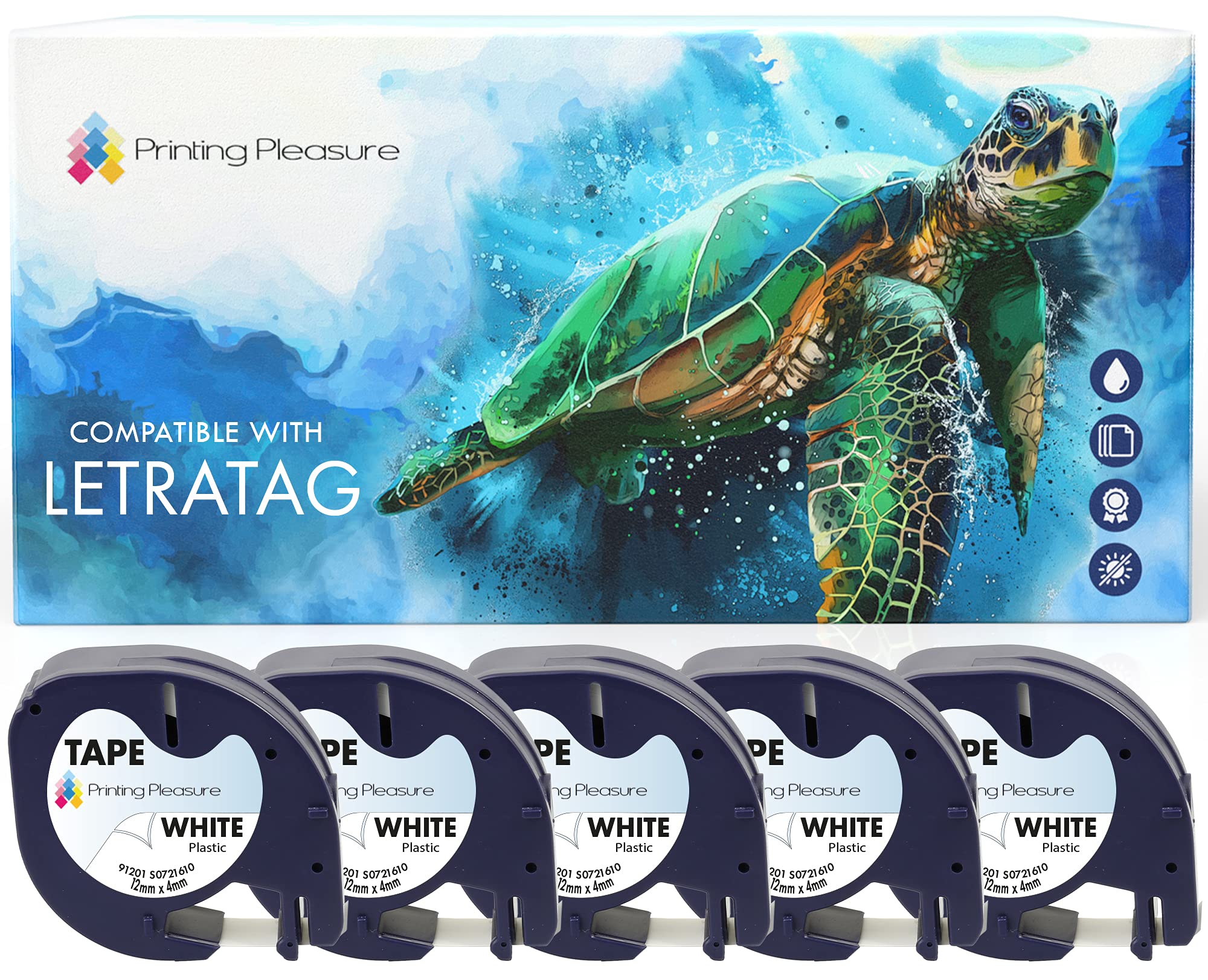 5X Compatible with LetraTag 91201 Black on White (12mm x 4m) Plastic Label Tapes for LetraTag LT-100H, LT-100T, LT-110T, QX 50, XR, XM, 2000, Plus Label Makers