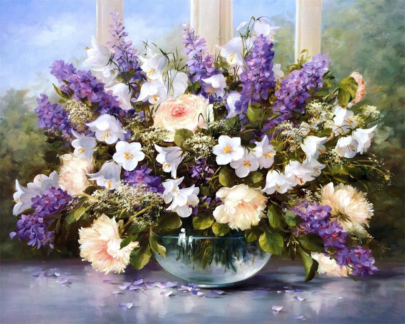 RIHE Paint by Numbers, DIY Oil Painting Purple And White Flowers Canvas Print Wall Art Home Decoration Without Frame