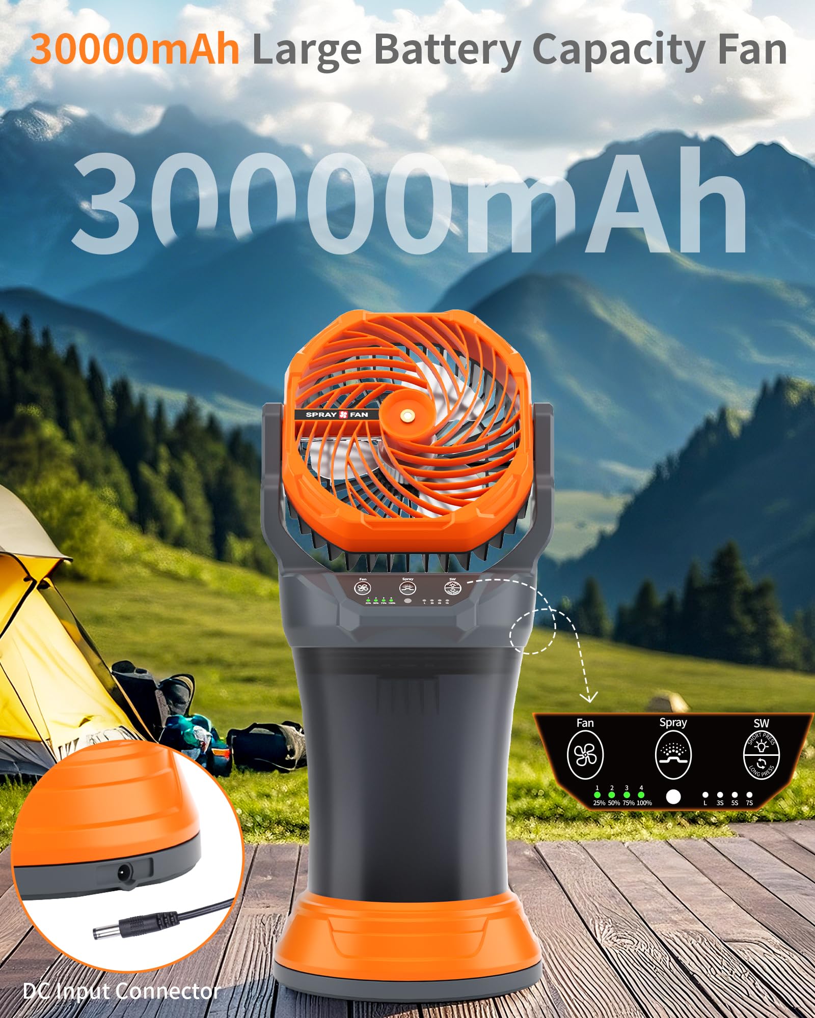 30000mAh Misting Fan Portable Battery Powered Fan with 2L Water Tank,Portable Mist Cooling Fans for Outdoor Camping Tent Beach Travel-120°Auto Oscillating,4 Wind Speeds & Spray Modes,RGB Light