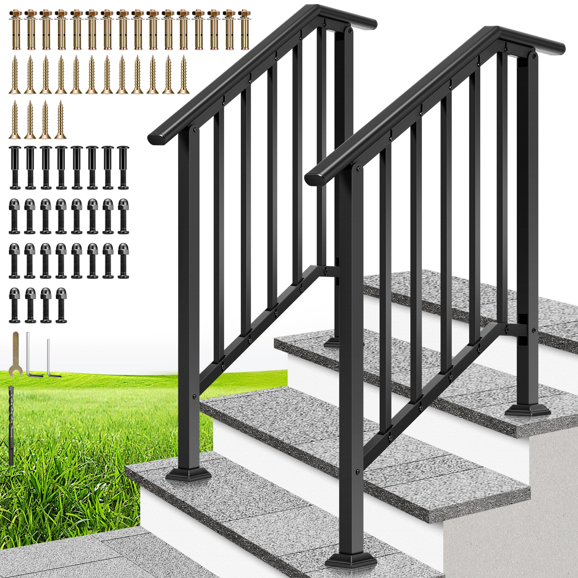 Photo 1 of **This unit is missing parts and it is not known if it works at 100%**VIVOHOME 2-Pack 3 Step Galvanized Steel Hand Rails for Outdoor Steps – Black Oval and Safety Balusters Exterior Railing for Porch, Deck, or Indoor Stairs, Complete Installation Kit