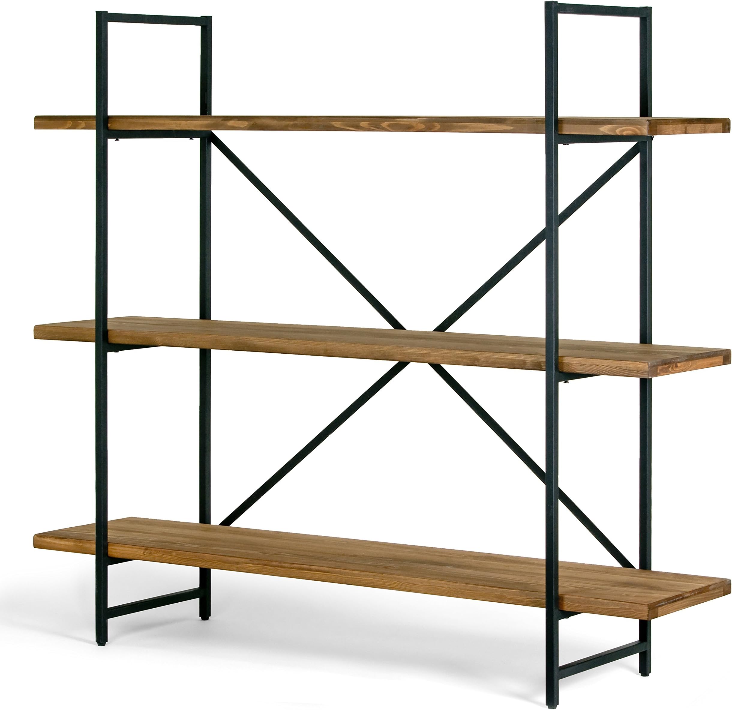 Glamour Home Ailis 56" Brown Pine Wood Metal Frame Etagere Three Wide Shelf Bookcase Media Center
