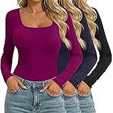 Ficerd 3 Pack Square Neck Tops for Women Long Sleeve Going Out Slim Fit Shirts Basic Tees 2026 Fall Y2k Clothes(Black, Navy Blue, Fuchsia, Large)