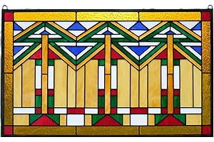 TMI ART PANEL Tiffany Style Stained Glass Hanging Window Panel Mission Style Panel, 34.5" W x 20.5" H
