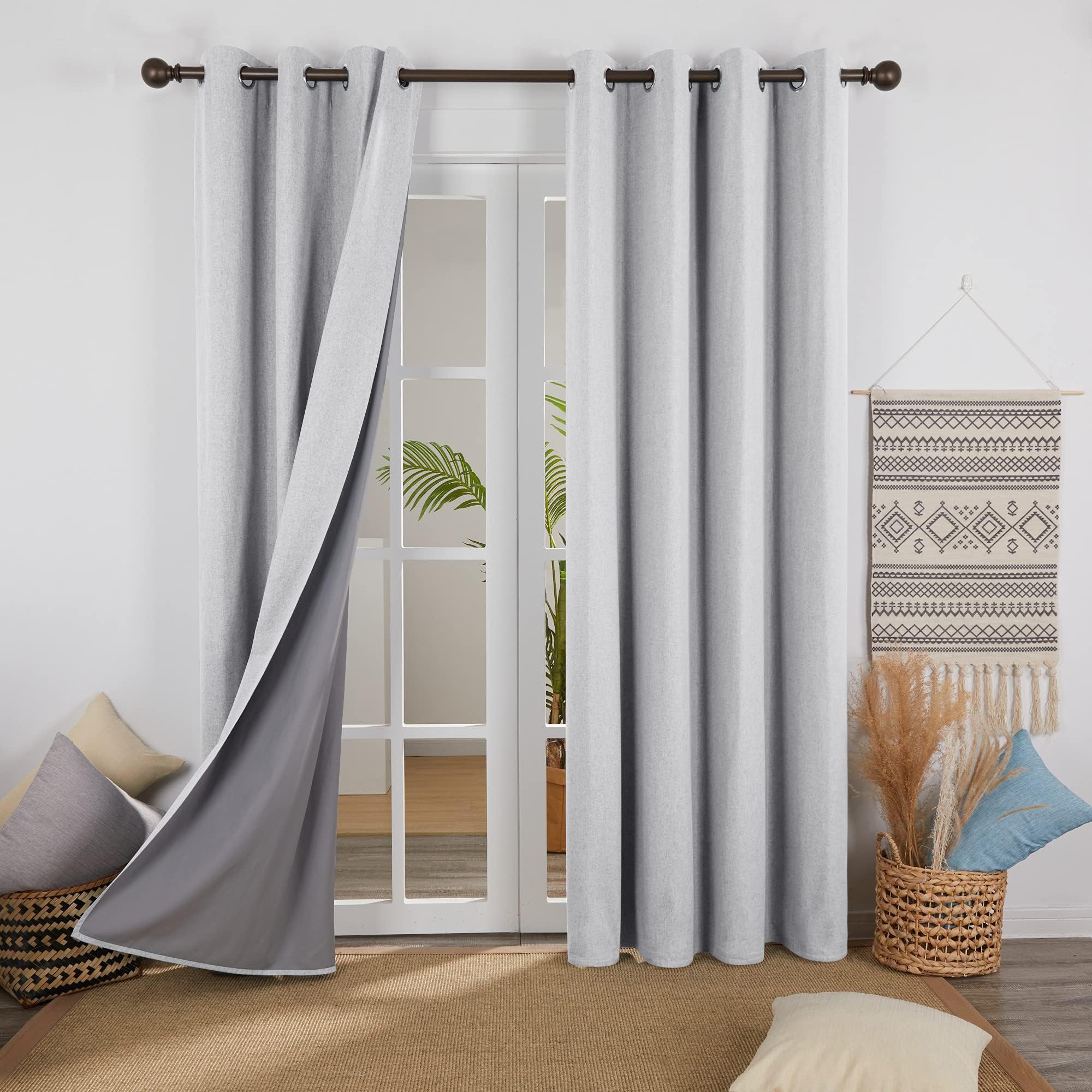 Deconovo Linen Look Full Blackout Curtains Eyelet Thermal Insulated Bedroom Curtains with Coating Back Layer for Nursery 52 x 72 Inch Light Grey 1 Pair