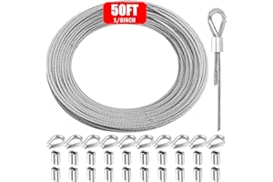 VIVBOO Metal Wire 1/8 inch Carbon Steel Galvanized Cable 50FT Length Aircraft Cable 7x7 Strand Core Picture Hanging Wire with 10 Pcs Thimbles and 20 Pcs Aluminum Sleeves