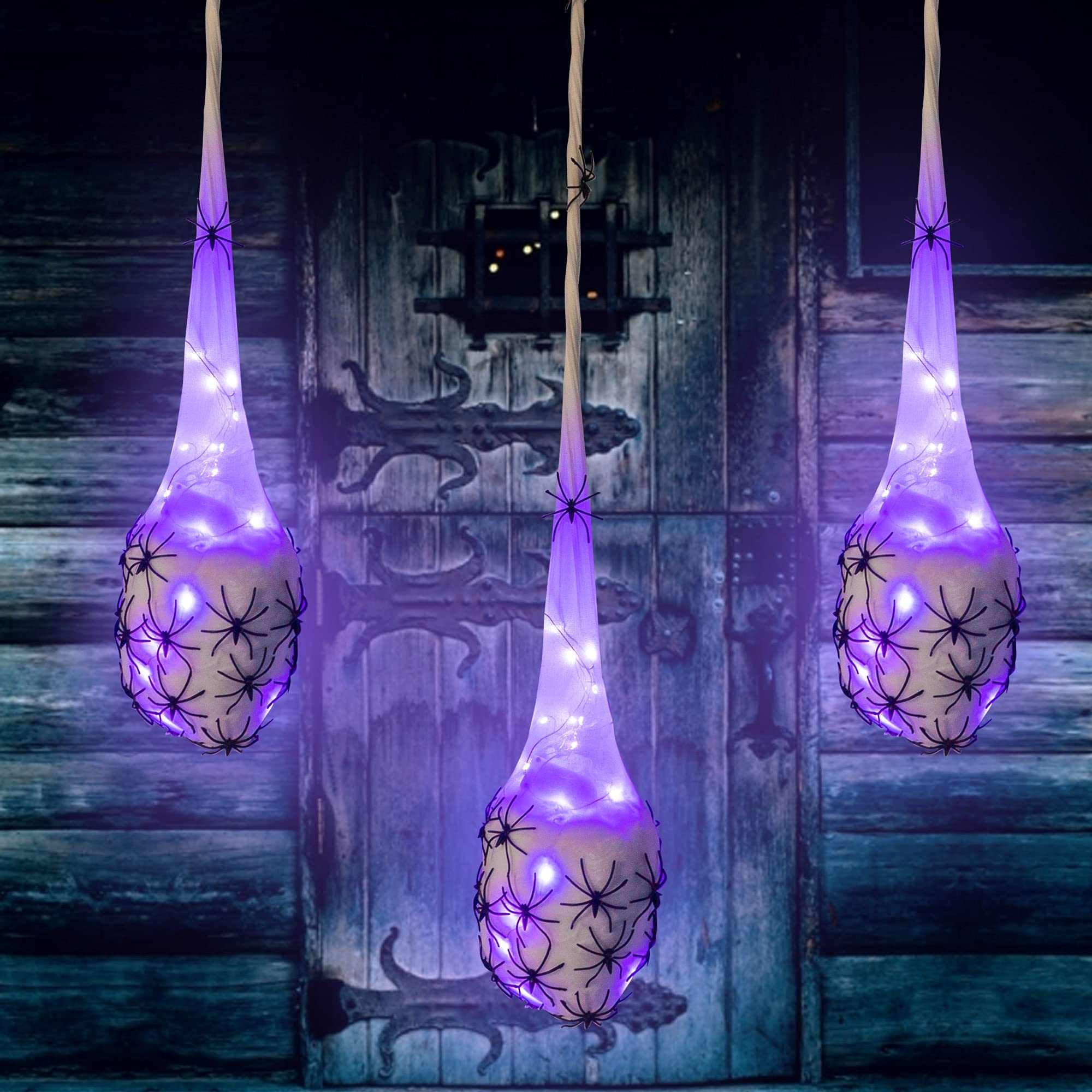 Photo 1 of FUNPENY 3.2FT Halloween Decoration Hanging Light Up Spider Egg Sacs 3 Packs, Gift for Halloween Party Favors Games, Sacks Props for Halloween, Birthday Indoor Outdoor Decor (Purple)