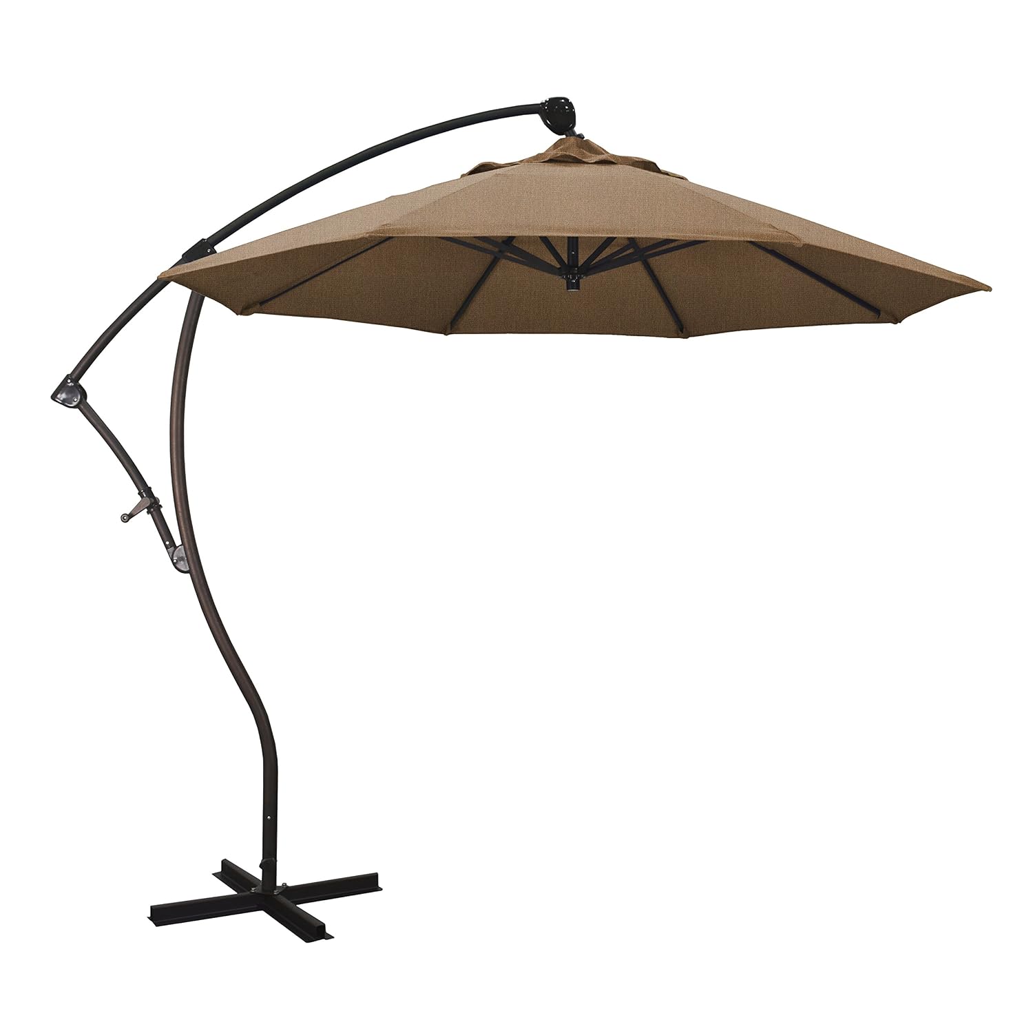California Umbrella 9’ Round Aluminum Cantilever Umbrella, Crank Lift, 360 Rotation, Bronze Pole, Sunbrella Teak