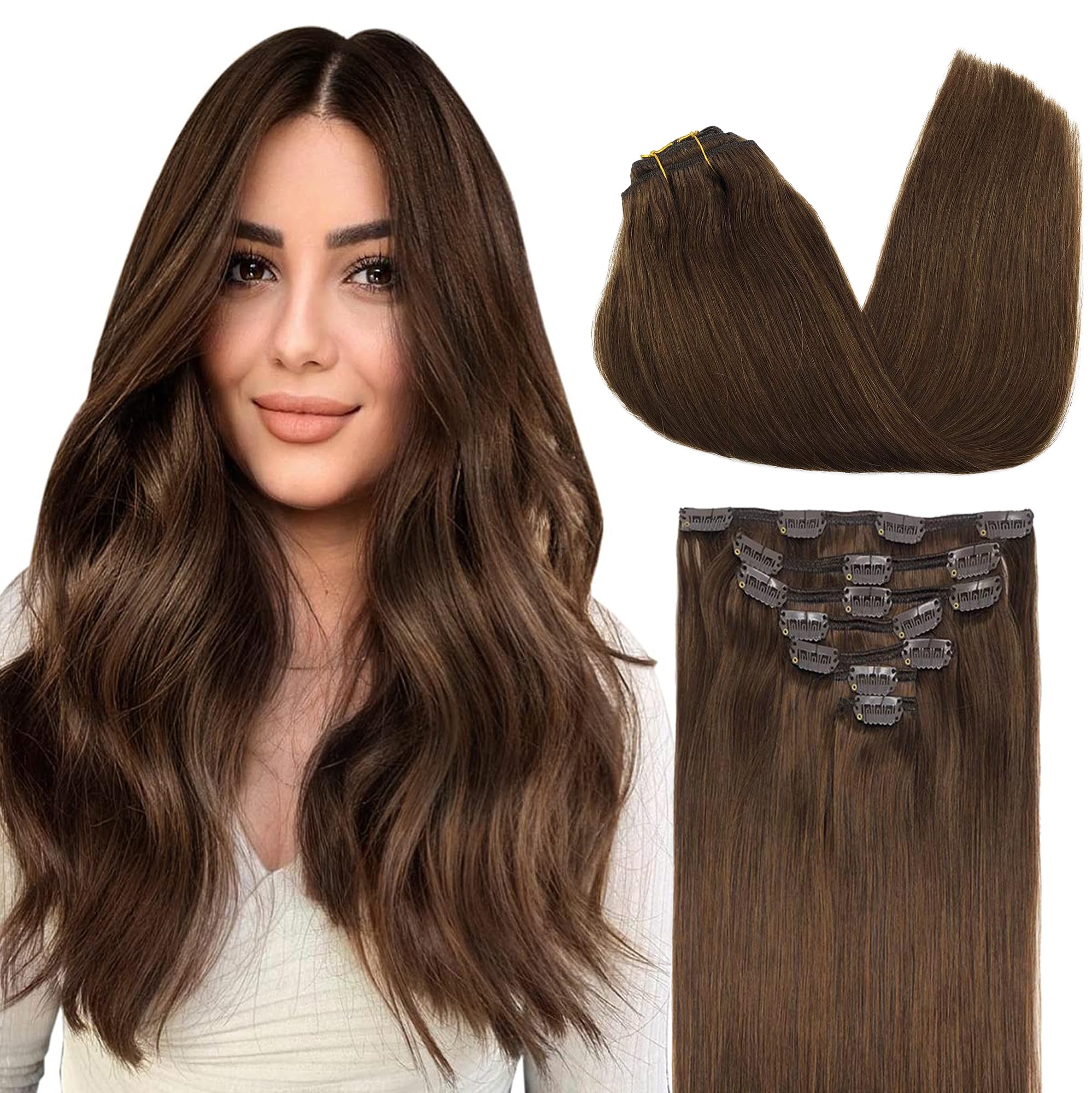 GOO GOO Clip in Human Hair Extensions, 20inch 120g 7pcs, Hair Extensions Clip in, 4A Chocolate Brown