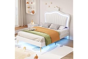 Linique Twin Size Upholstered Bed Frame with LED Lights, Modern Upholstered Princess Bed with Crown Headboard, White