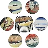 STARUBY Coasters Absorbent Ceramic Coaster Drink Coasters with Cork Back Japanese Style Ukiyo-e Pattern Set of 6 Round Coaster Non Slip for Coffee Table Wine Glass Home Bar 4 Inch, Colorful