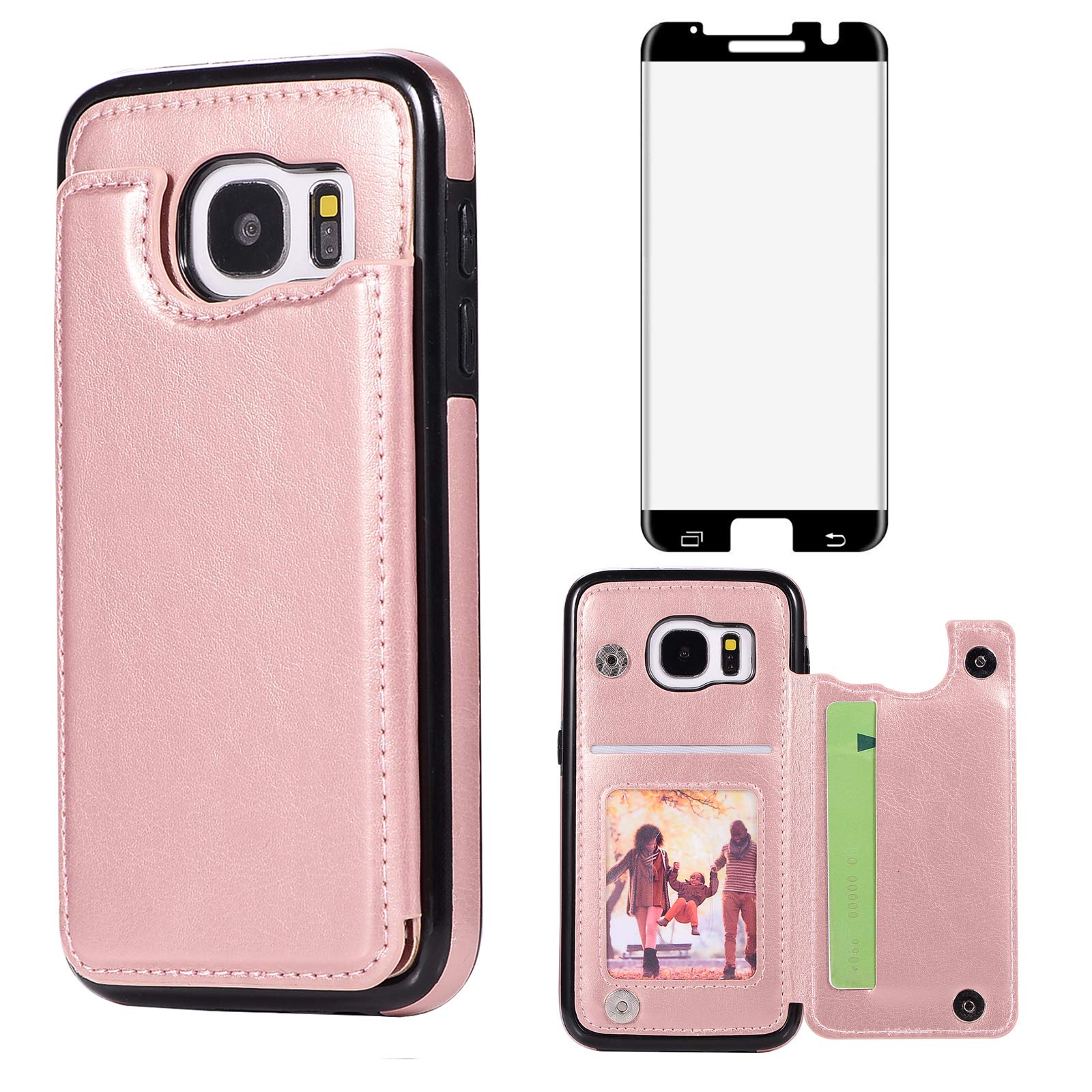 Asuwish Compatible with Samsung Galaxy S7 Edge Wallet Case Tempered Glass Screen Protector Card Holder Stand Cell Cover Phone Cases for Glaxay S7edge Gaxaly S 7 Plus Galaxies GS7 7s 7edge Rose Gold