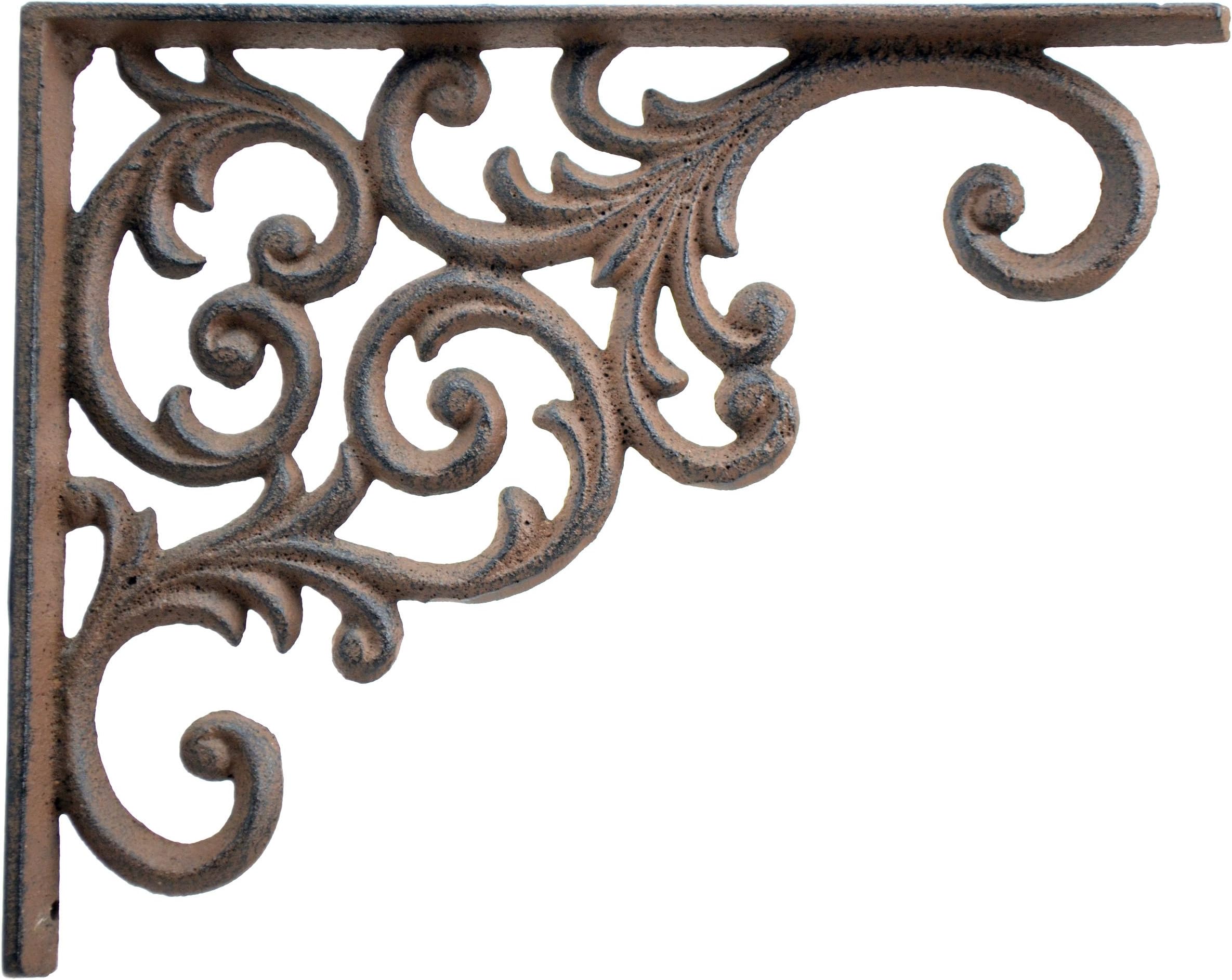 Wall Shelf Bracket Ornate Vine Pattern Brown Cast Iron Brace 9.375" Deep