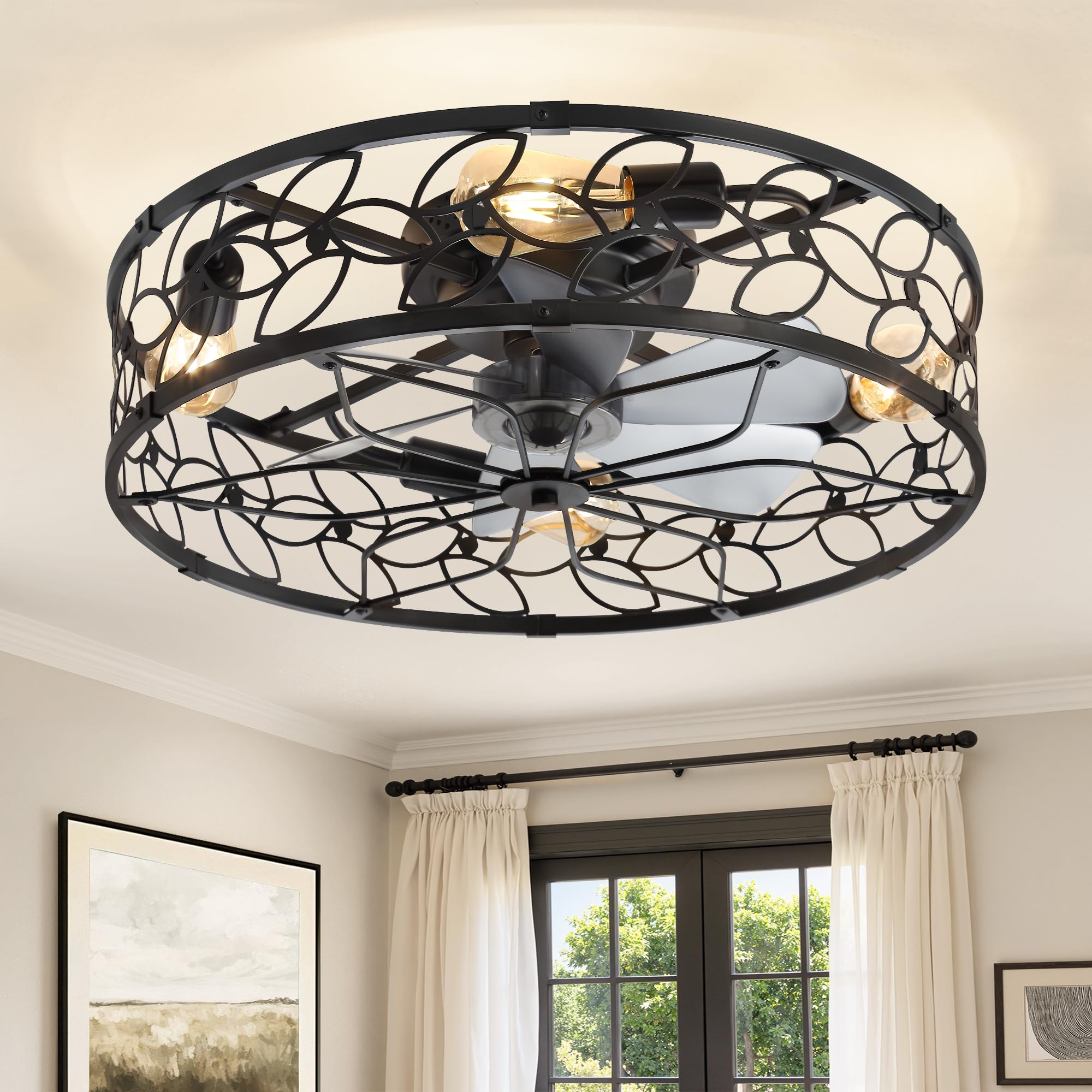 LEDIARY 23 Inch Caged Ceiling Fans with Lights, Black Flush Mount Ceiling Fan with Remote, Large Low Profile Bladeless Ceiling Fan Light Fixture for Bedroom, Kitchen, Dining Room Image