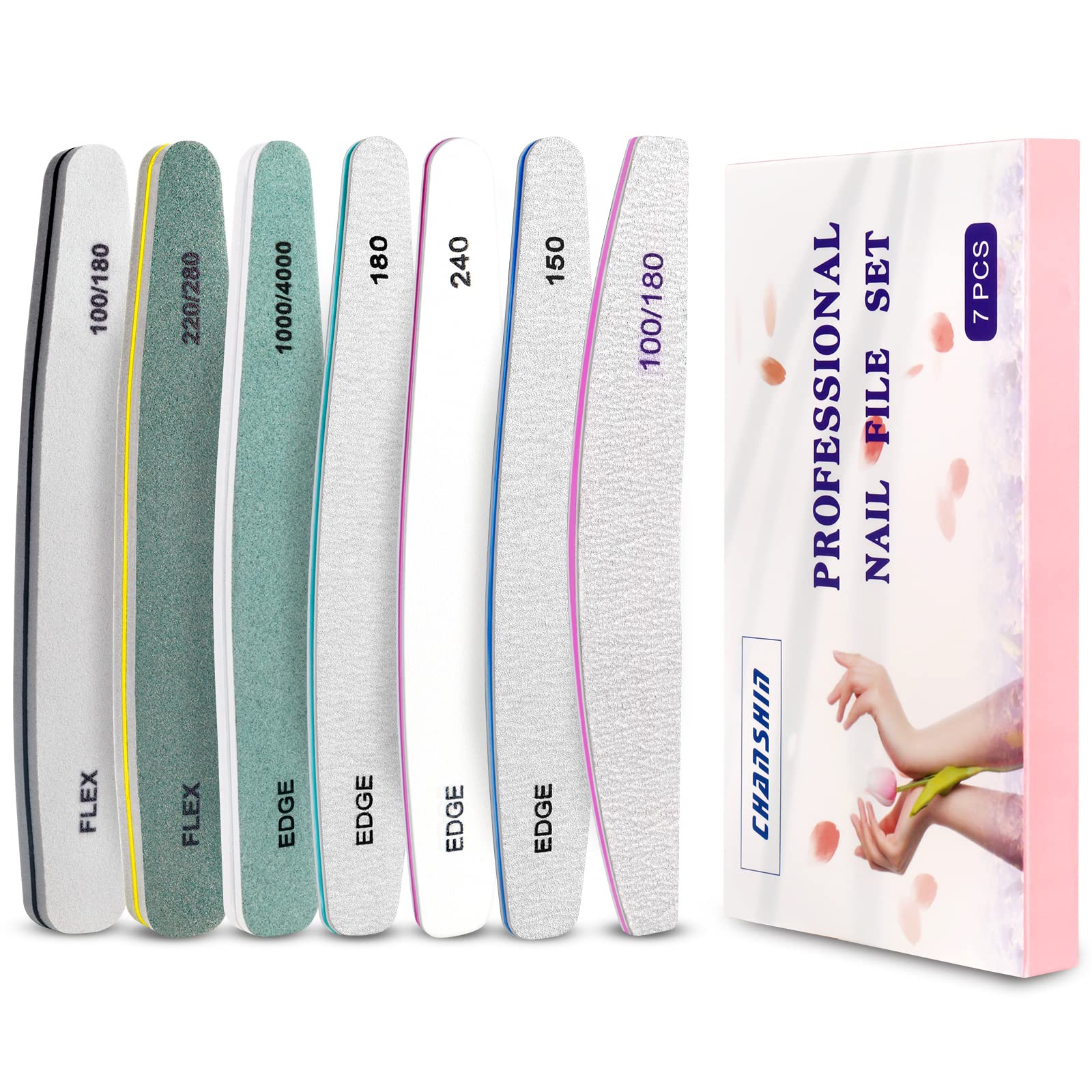 7Pcs Nail Files,CHANSHIN Professional Gel Nail Files Emery Boards Grit 100/150/180/220/280/1000/4000 Buffer Manicure Washable Tools for Nail Trimming Grinding Polishing Shining