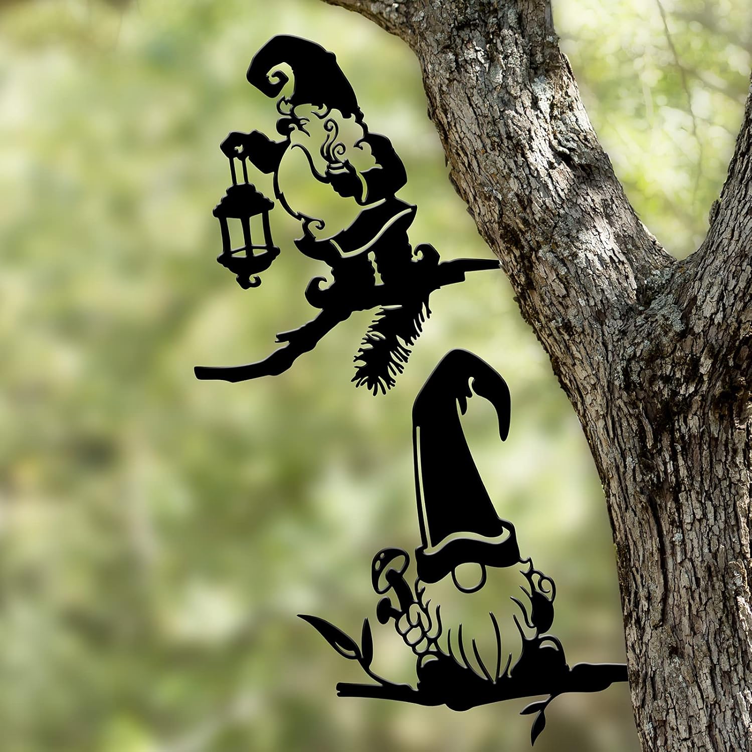 2 Pieces Steel Branch Gnome Silhouette Decor Metal Art Outdoor Garden Statue Dwarf Metal Stake Tree Branch Gnome Mushroom Ornament Hollowed Out Swedish Faceless Gnome for Home Yard Patio Lawn Decor
